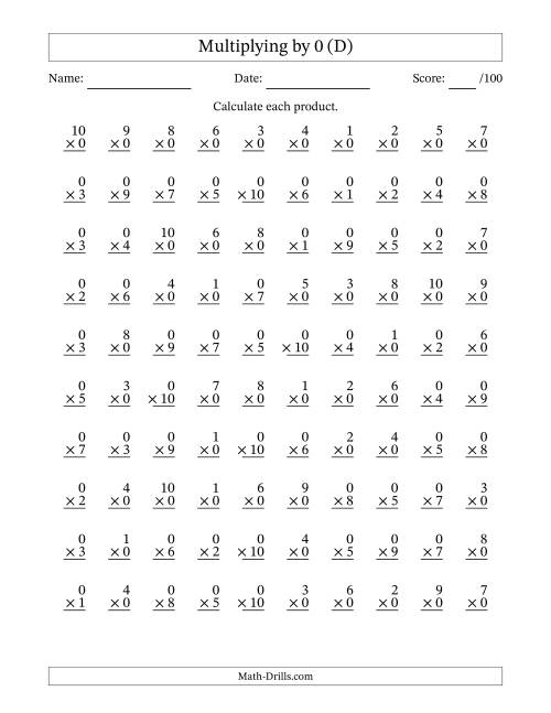 The Multiplying (1 to 10) by 0 (100 Questions) (D) Math Worksheet