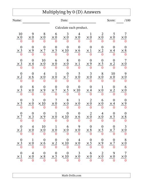 The Multiplying (1 to 10) by 0 (100 Questions) (D) Math Worksheet Page 2