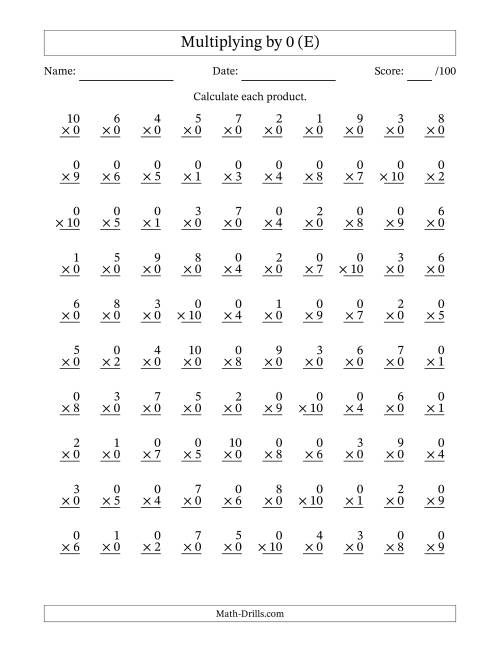 The Multiplying (1 to 10) by 0 (100 Questions) (E) Math Worksheet