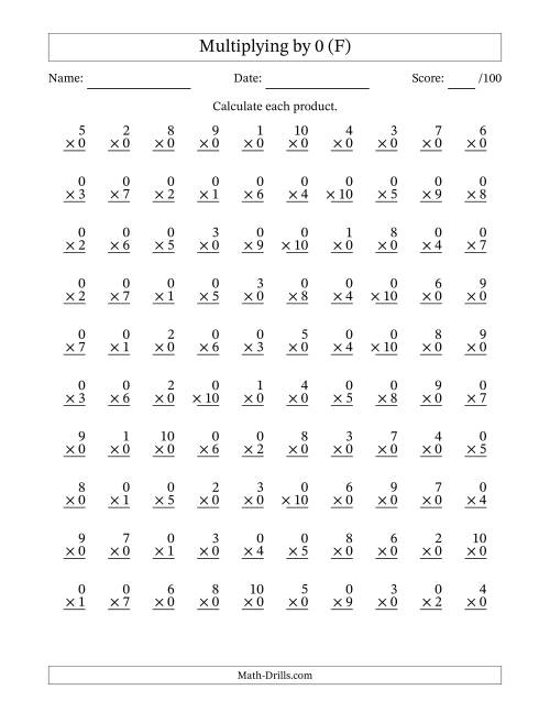 The Multiplying (1 to 10) by 0 (100 Questions) (F) Math Worksheet