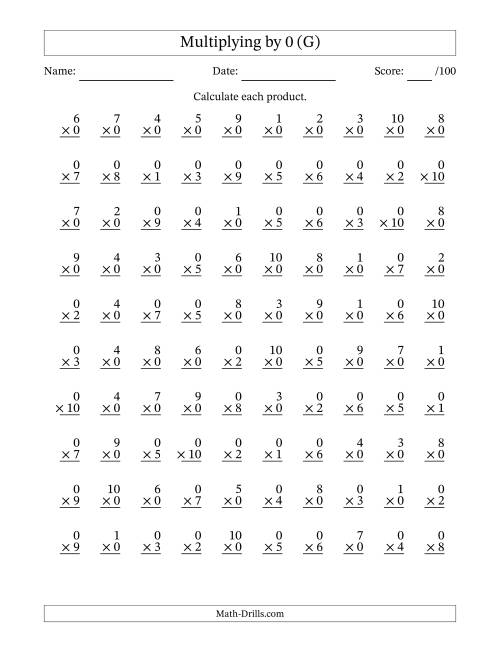 The Multiplying (1 to 10) by 0 (100 Questions) (G) Math Worksheet