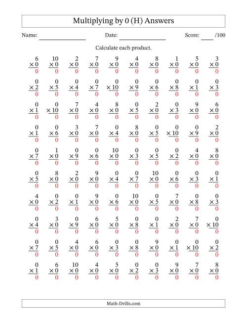 The Multiplying (1 to 10) by 0 (100 Questions) (H) Math Worksheet Page 2