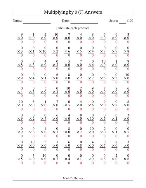 The Multiplying (1 to 10) by 0 (100 Questions) (J) Math Worksheet Page 2