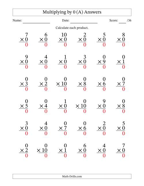 The Multiplying (1 to 10) by 0 (36 Questions) (A) Math Worksheet Page 2