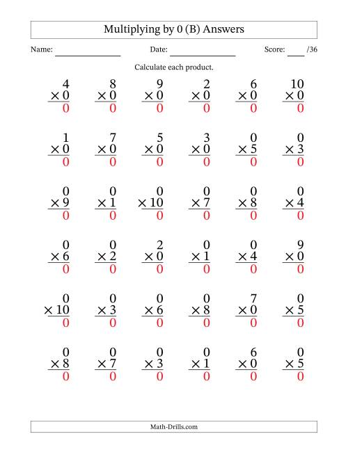 The Multiplying (1 to 10) by 0 (36 Questions) (B) Math Worksheet Page 2