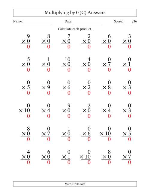 The Multiplying (1 to 10) by 0 (36 Questions) (C) Math Worksheet Page 2