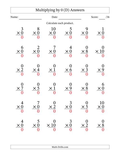 The Multiplying (1 to 10) by 0 (36 Questions) (D) Math Worksheet Page 2