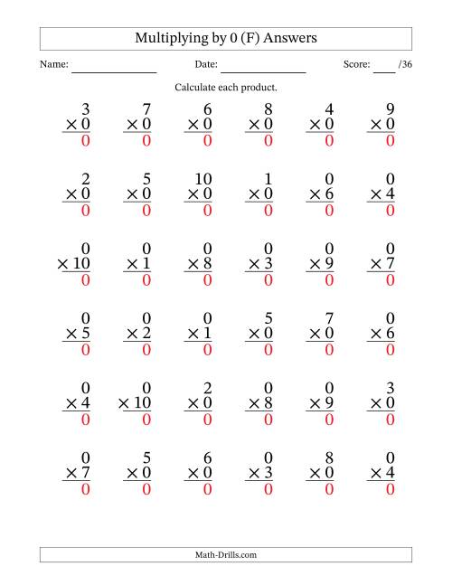 The Multiplying (1 to 10) by 0 (36 Questions) (F) Math Worksheet Page 2