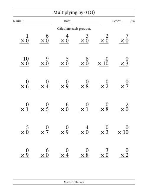 The Multiplying (1 to 10) by 0 (36 Questions) (G) Math Worksheet
