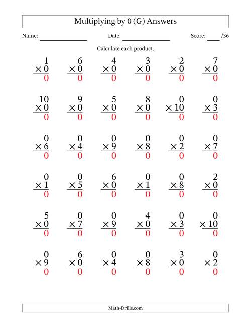 The Multiplying (1 to 10) by 0 (36 Questions) (G) Math Worksheet Page 2