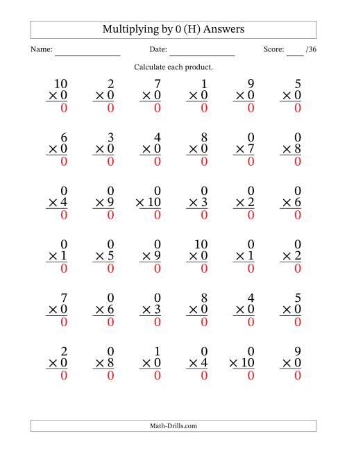 The Multiplying (1 to 10) by 0 (36 Questions) (H) Math Worksheet Page 2
