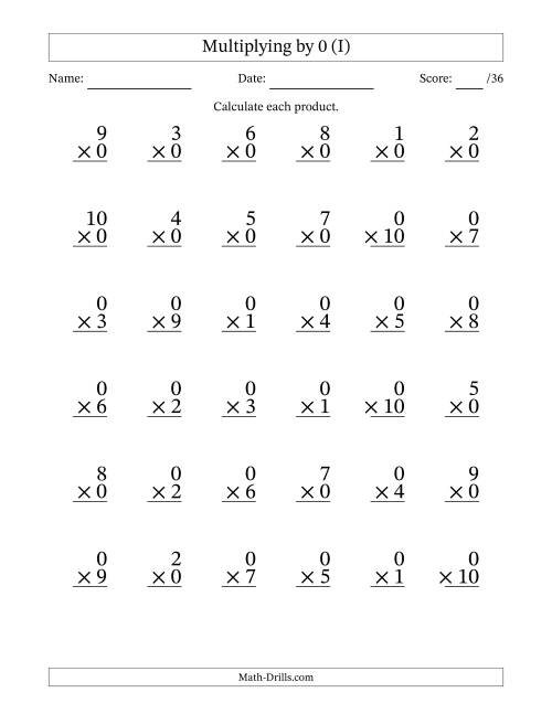 The Multiplying (1 to 10) by 0 (36 Questions) (I) Math Worksheet