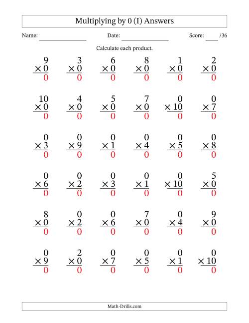 The Multiplying (1 to 10) by 0 (36 Questions) (I) Math Worksheet Page 2