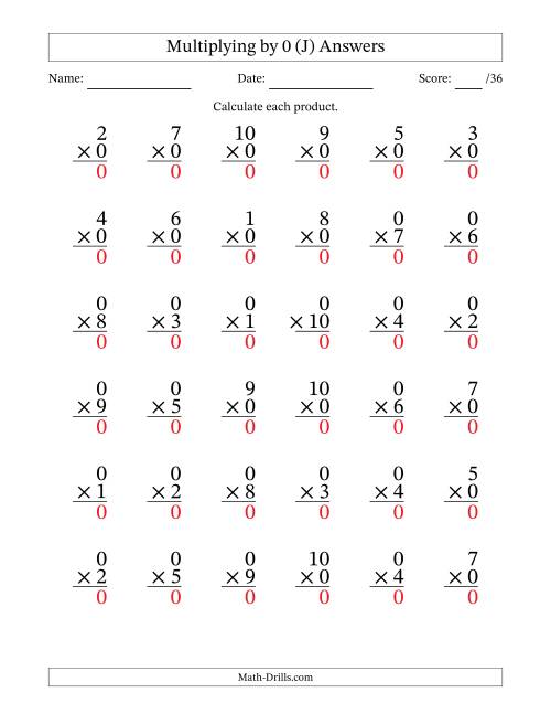 The Multiplying (1 to 10) by 0 (36 Questions) (J) Math Worksheet Page 2