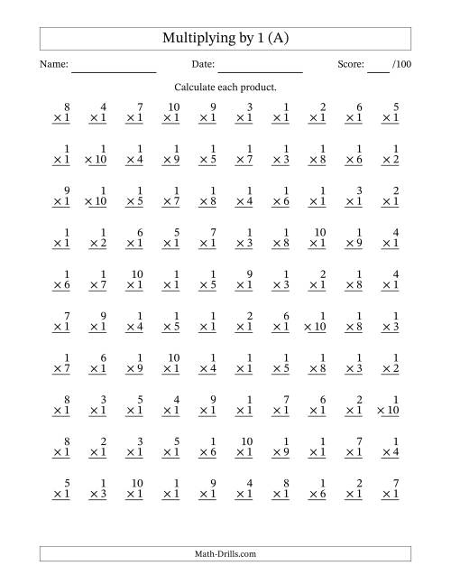 The Multiplying (1 to 10) by 1 (100 Questions) (A) Math Worksheet