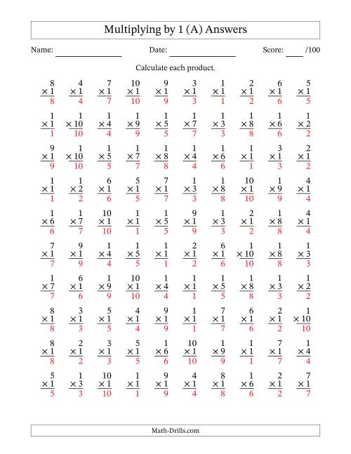 The Multiplying (1 to 10) by 1 (100 Questions) (A) Math Worksheet Page 2
