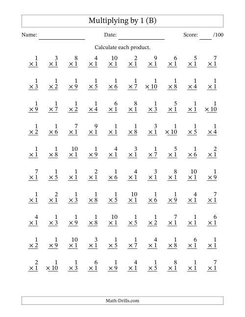 The Multiplying (1 to 10) by 1 (100 Questions) (B) Math Worksheet