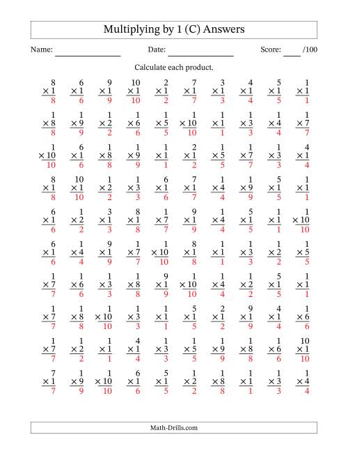 The Multiplying (1 to 10) by 1 (100 Questions) (C) Math Worksheet Page 2