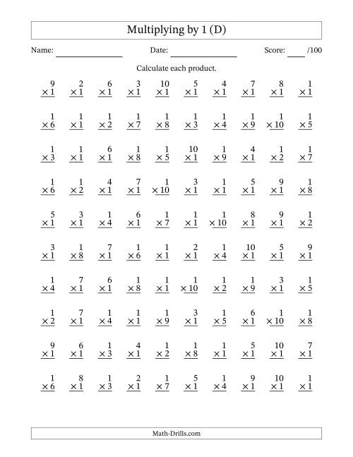 The Multiplying (1 to 10) by 1 (100 Questions) (D) Math Worksheet