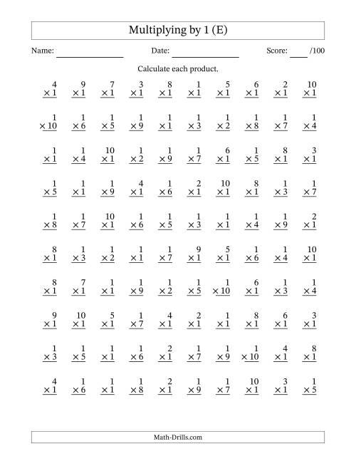 The Multiplying (1 to 10) by 1 (100 Questions) (E) Math Worksheet