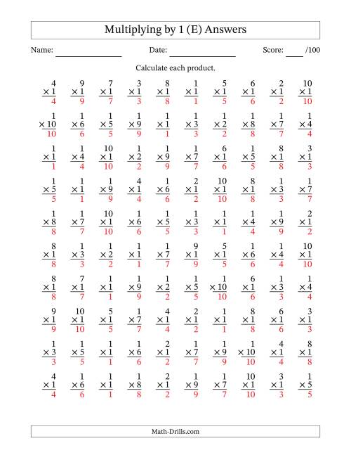 The Multiplying (1 to 10) by 1 (100 Questions) (E) Math Worksheet Page 2