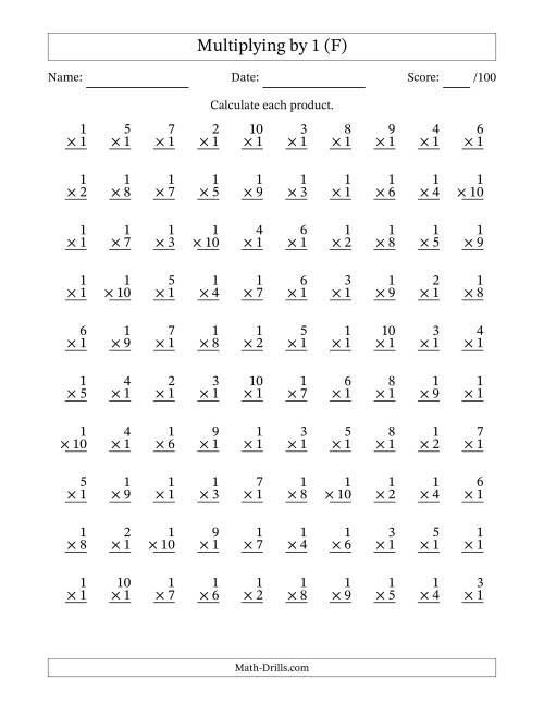 The Multiplying (1 to 10) by 1 (100 Questions) (F) Math Worksheet