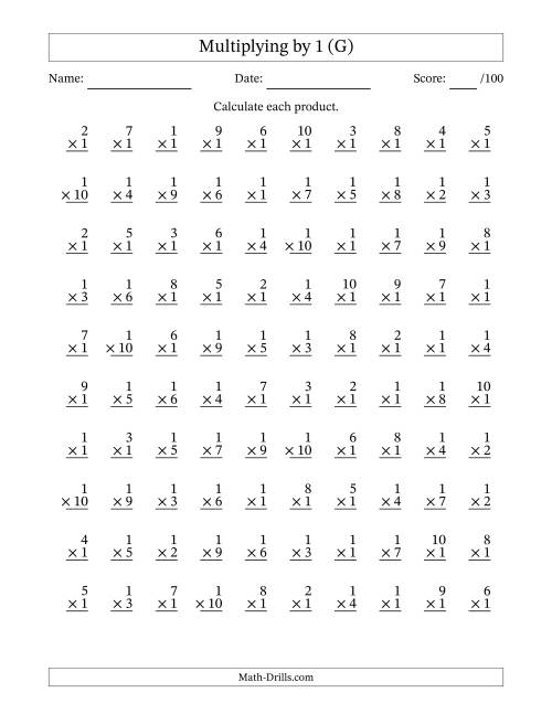 The Multiplying (1 to 10) by 1 (100 Questions) (G) Math Worksheet