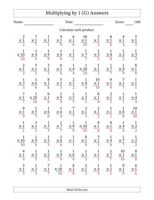 The Multiplying (1 to 10) by 1 (100 Questions) (G) Math Worksheet Page 2