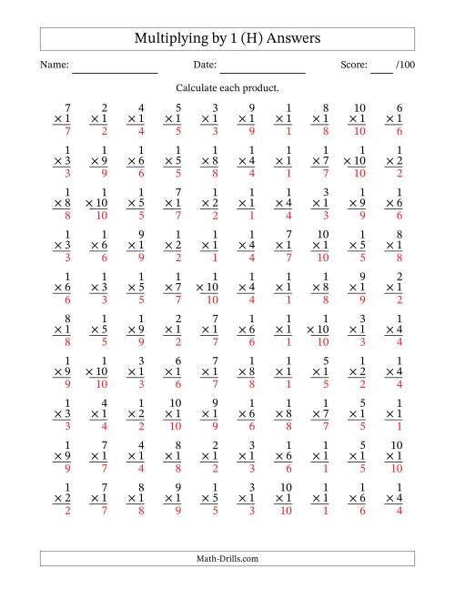 The Multiplying (1 to 10) by 1 (100 Questions) (H) Math Worksheet Page 2