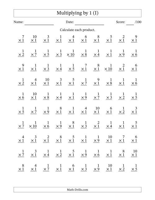 The Multiplying (1 to 10) by 1 (100 Questions) (I) Math Worksheet