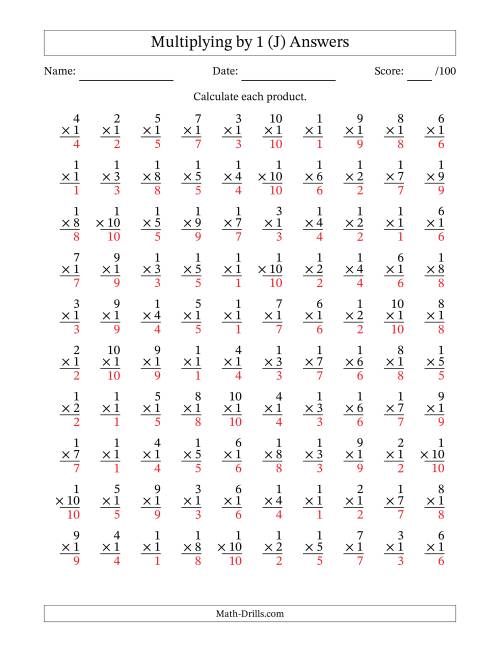 The Multiplying (1 to 10) by 1 (100 Questions) (J) Math Worksheet Page 2