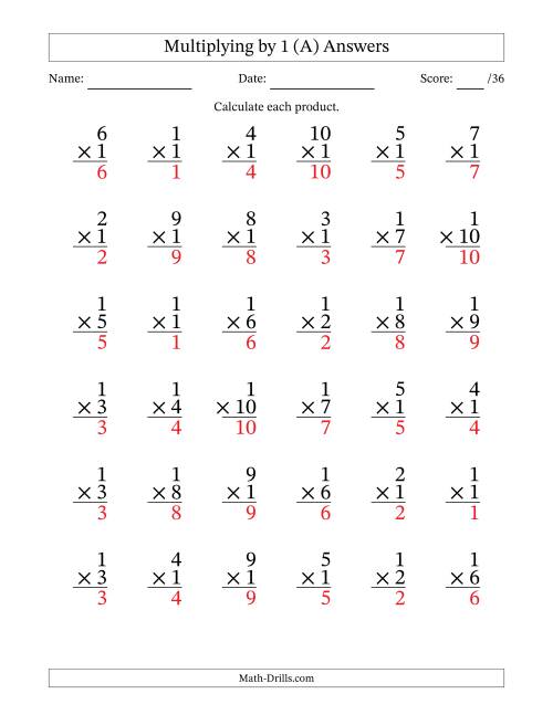 The Multiplying (1 to 10) by 1 (36 Questions) (A) Math Worksheet Page 2