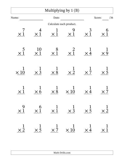 The Multiplying (1 to 10) by 1 (36 Questions) (B) Math Worksheet