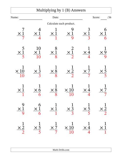The Multiplying (1 to 10) by 1 (36 Questions) (B) Math Worksheet Page 2