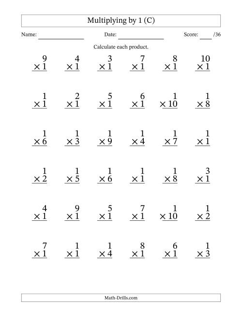 The Multiplying (1 to 10) by 1 (36 Questions) (C) Math Worksheet