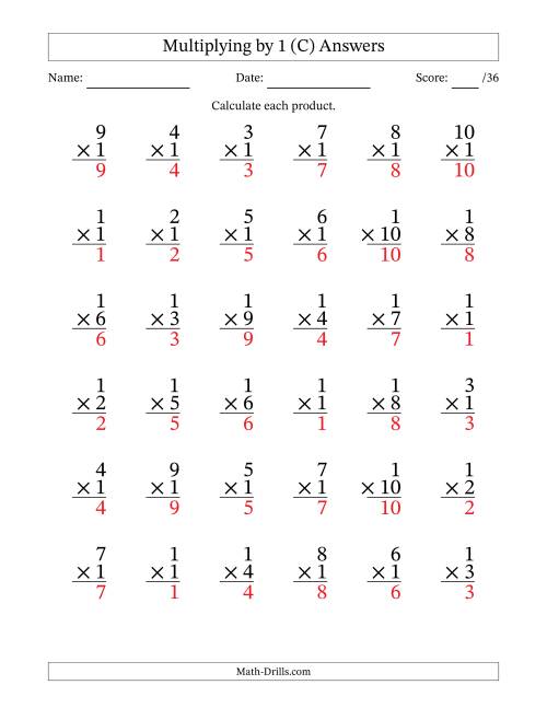 The Multiplying (1 to 10) by 1 (36 Questions) (C) Math Worksheet Page 2