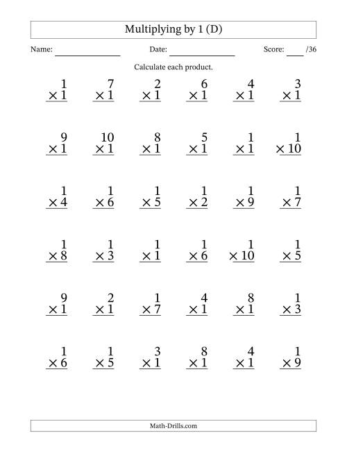 The Multiplying (1 to 10) by 1 (36 Questions) (D) Math Worksheet