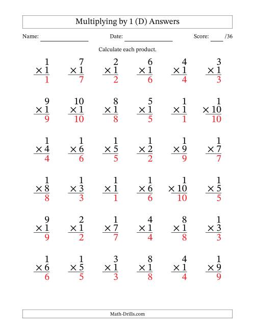 The Multiplying (1 to 10) by 1 (36 Questions) (D) Math Worksheet Page 2