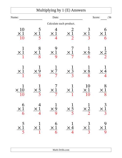 The Multiplying (1 to 10) by 1 (36 Questions) (E) Math Worksheet Page 2