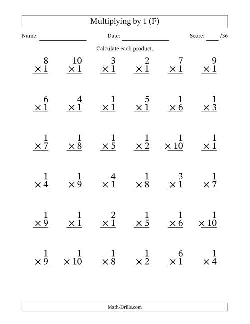 The Multiplying (1 to 10) by 1 (36 Questions) (F) Math Worksheet