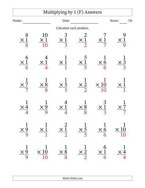 The Multiplying (1 to 10) by 1 (36 Questions) (F) Math Worksheet Page 2