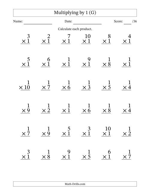 The Multiplying (1 to 10) by 1 (36 Questions) (G) Math Worksheet