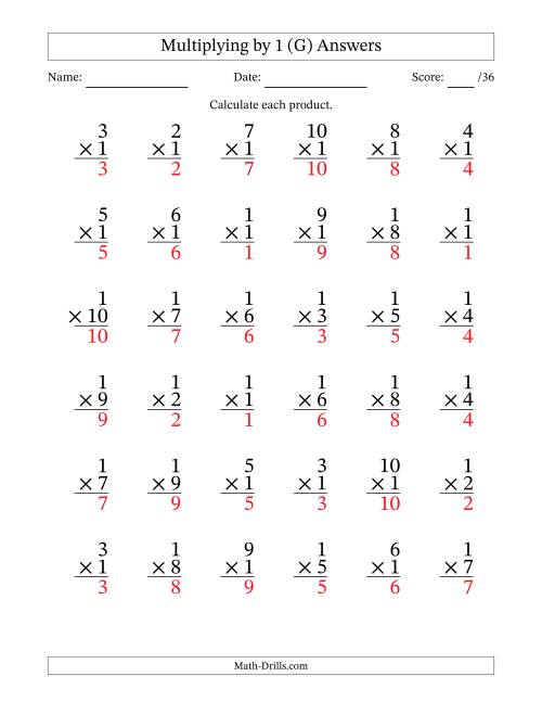The Multiplying (1 to 10) by 1 (36 Questions) (G) Math Worksheet Page 2