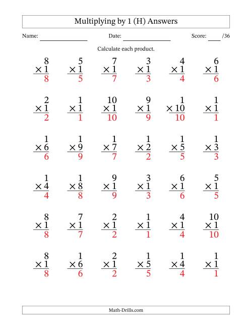 The Multiplying (1 to 10) by 1 (36 Questions) (H) Math Worksheet Page 2