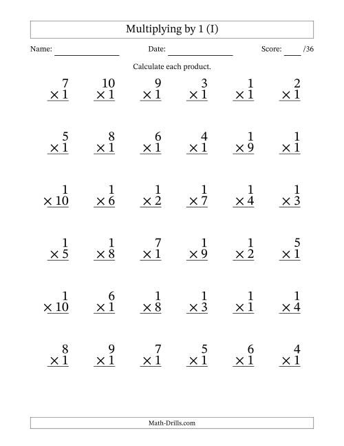The Multiplying (1 to 10) by 1 (36 Questions) (I) Math Worksheet