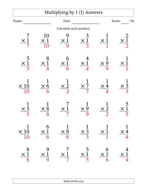 The Multiplying (1 to 10) by 1 (36 Questions) (I) Math Worksheet Page 2