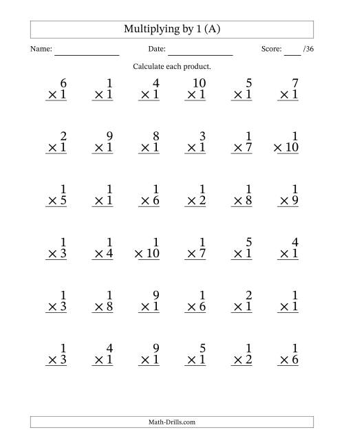 The Multiplying (1 to 10) by 1 (36 Questions) (All) Math Worksheet