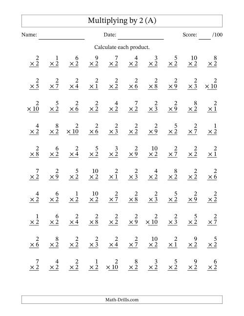 The Multiplying (1 to 10) by 2 (100 Questions) (A) Math Worksheet