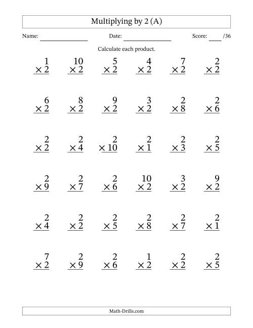 Multiplying (1 to 10) by 2 (36 questions per page) (A)