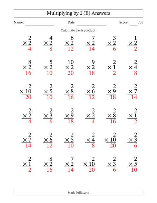 The Multiplying (1 to 10) by 2 (36 Questions) (B) Math Worksheet Page 2